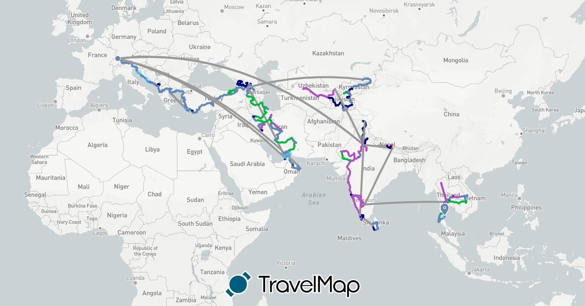 TravelMap itinerary: driving, bus, plane, cycling, train, hiking, boat, motorbike in United Arab Emirates, Albania, Armenia, Bulgaria, Switzerland, Georgia, Greece, Croatia, India, Iran, Italy, Kyrgyzstan, Cambodia, Kazakhstan, Laos, Sri Lanka, Montenegro, Macedonia, Nepal, Oman, Thailand, Tajikistan, Turkey, Uzbekistan (Asia, Europe)
