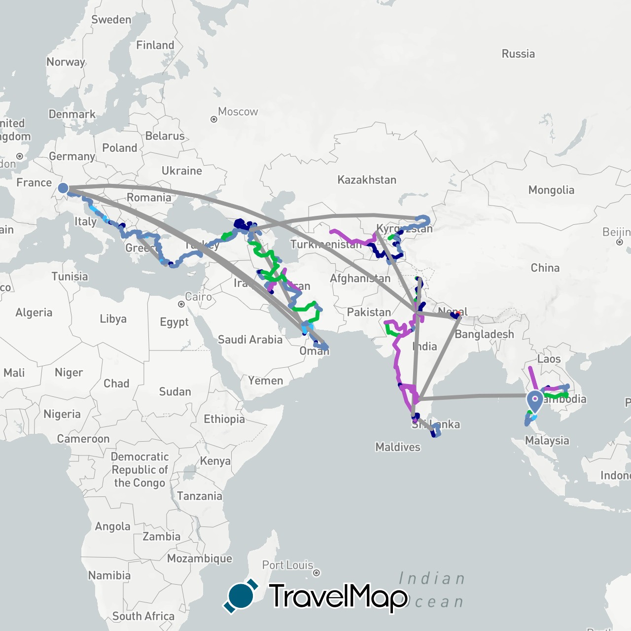 TravelMap itinerary: driving, bus, plane, cycling, train, hiking, boat, motorbike in United Arab Emirates, Albania, Armenia, Bulgaria, Switzerland, Georgia, Greece, Croatia, India, Iran, Italy, Kyrgyzstan, Cambodia, Kazakhstan, Laos, Sri Lanka, Montenegro, Macedonia, Nepal, Oman, Thailand, Tajikistan, Turkey, Uzbekistan (Asia, Europe)